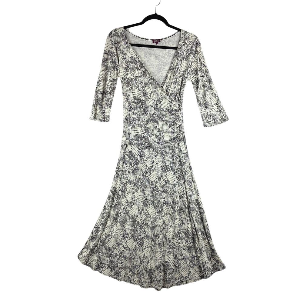 Salaam Made In USA Faux Wrap Midi Dress Black White Graphic Print Size Small
